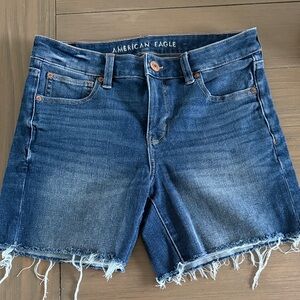 American Eagle Outfitters Dark Blue Denim Frayed Jean Shorts